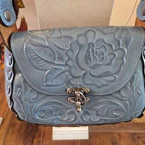 NEW Patricia Nash Micaela Blue Tooled Leather Shoulder bag handbag